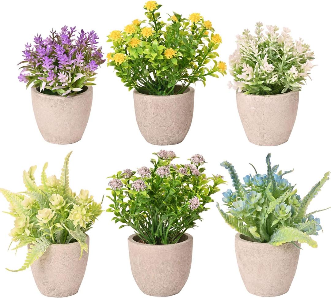 LUEUR Set of 6 Potted Artificial Flowers Arrangement, Fake Flowers with Vases Faux Flowers in Pot for Centerpiece Table Decorations Spring Decor for Home Office Desktop