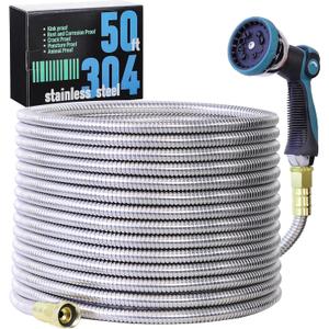50FT Garden Hose, 304 Stainless Steel Water Hose, Flexible with a 10-Mode Nozzle Sprayer, No Kink, Lightweight, Puncture Proof, Ideal for Yard, Lawn, Outdoor, 5/8" Outside Diameter