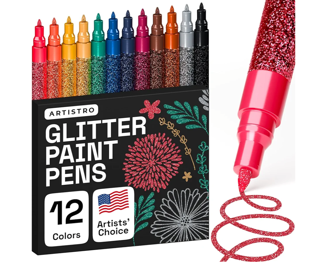 ARTISTRO 12 Glitter Paint Pens Sparkly and Shiny for Rock Painting, Stone, Ceramic, Glass, Wood, Fabric, Scrapbooking, DIY Craft Making, Coloring, Acrylic Glitter Markers Extra-Fine Tip 0.7mm