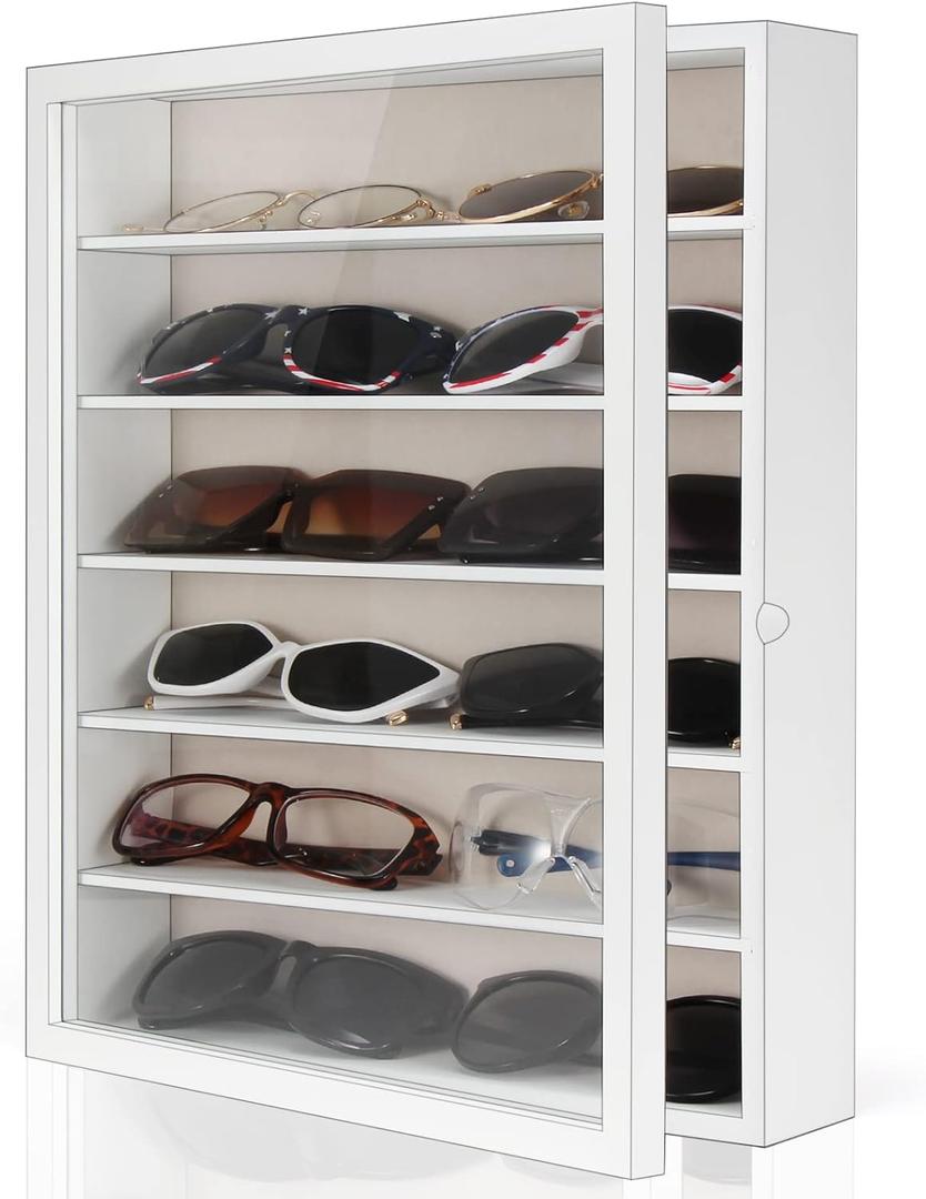 TJ.MOREE Sunglasses Organizer Storage Wall Mounted: 13 x 15.6 inches Eyewear Display Case Rustic Wood Eyeglasses Holder Large Glasses Storage Box,White