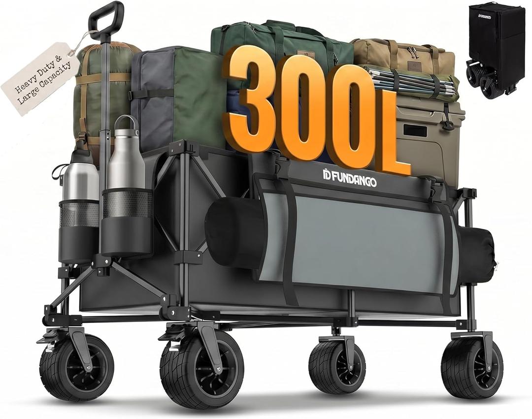 FUNDANGO Heavy Duty Collapsible Wagon 47" L x 24" W, 300L Large Capacity Foldable Cart with Big All-Terrain Wheels for Camping, Beach, Garden & Shopping