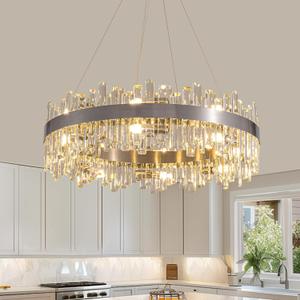 Siljoy Modern Crystal Chandelier 16-Light Brushed Nickel 2-Tiers K9 Crystal Raindrop Chandelier Luxury Flush Mount Crystal Pendant Ceiling Light Fixture for Dining Living Room Entryway Foyer D31.5''