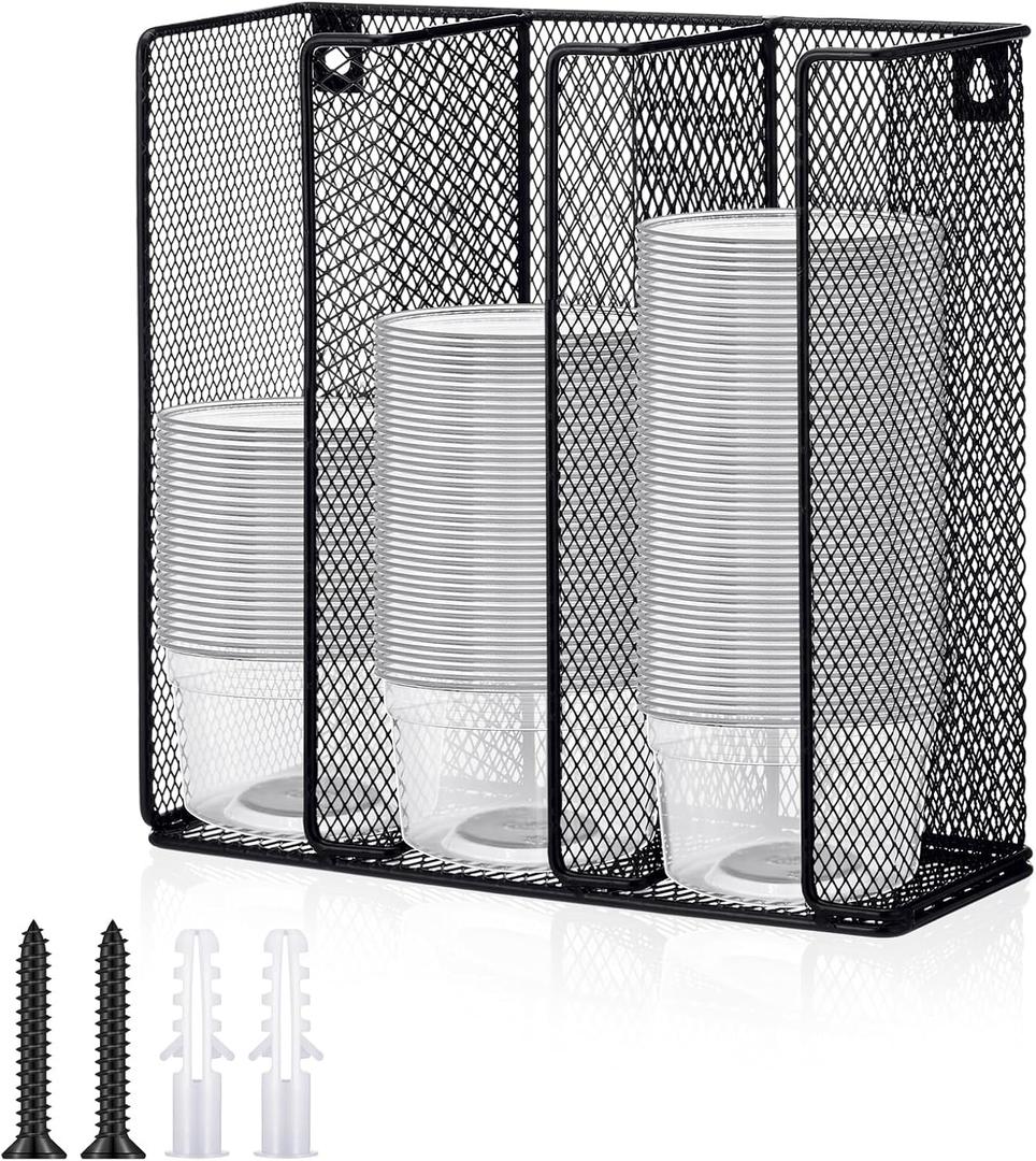 Honeydak Metal Cup and Lid Holder Wall Mount Portion Sauce Lid Organizer Holder 3 Compartments Fits 2 to 5.5 oz Cup Dispenser Storage for Kitchen Counter Restaurant Coffee Bar Stations, Black