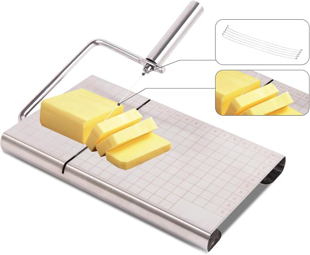Cheese slicer, stainless steel metal cheese slicer for block cheese, cake, butter, adjustable replaceable metal wire cheese slicer, with cutting board and precise scale grid, with 5 metal wires