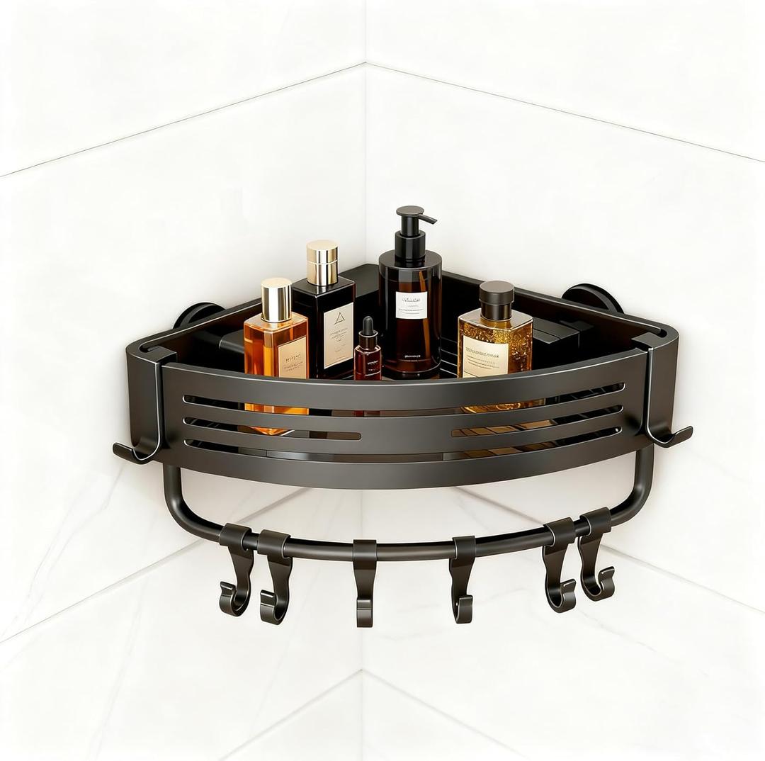 Rustproof Aluminum Corner Shower Caddy, Press-to-Install Triangle Shelf with Hooks, Suction Bathroom Shower Organizer & Shampoo Holder for Inside - Must-Have Bathroom Storage Rack