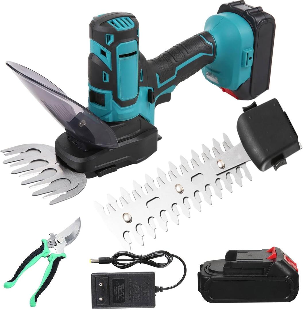Cordless Grass Shear & Shrubbery Trimmer, 2 in 1 Handheld Grass Trimmer Mini Hedge Trimmer with Rechargeable 2.0 Ah Battery and Charger for Garden and Lawn