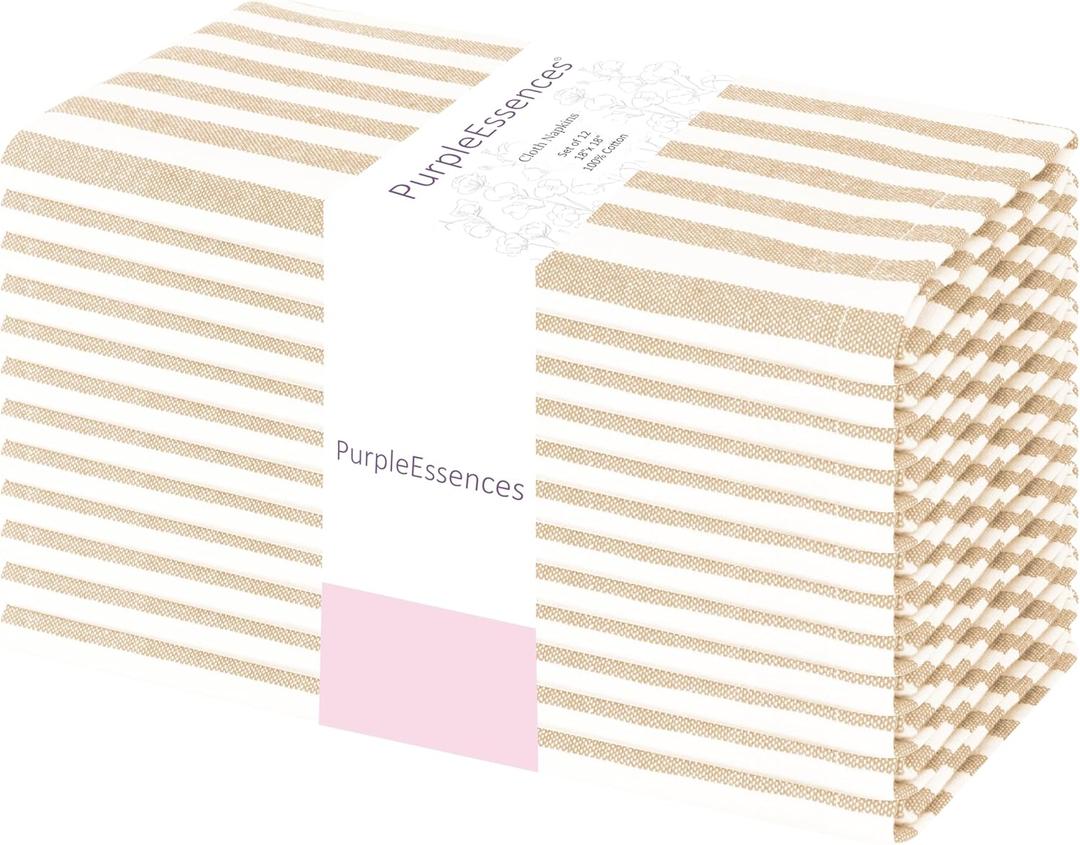 PurpleEssences Plain Striped Cloth Napkins - Set of 12-100% Cotton - 18 x 18 Inch - Spring Easter Summer and Perfect Everyday Use Dinner Napkin - Beige and White