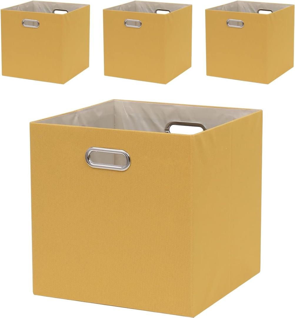 Cube Storage Bins 1313x13 Inch, 4 Pack Collapsible Linen Fabric Storage Cubes with Handles, Thick Heavy Duty Storage Baskets for Shelves Kallax Bedroom Dormitory Toy Clothes, Yellow