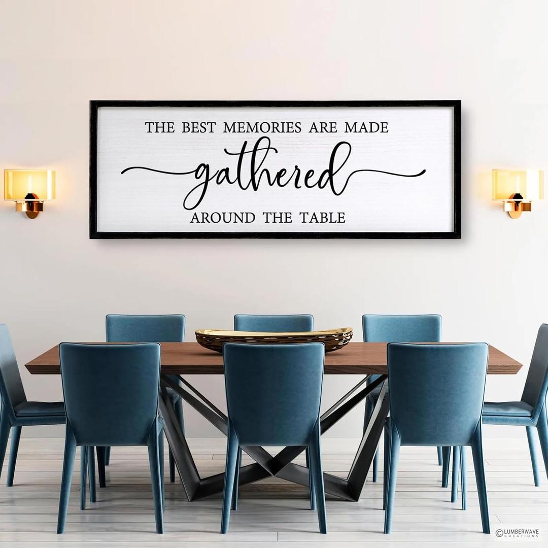 The Best Memories are Made Gathered Around The Table Sign Framed Wall Art, 40''×15'' Rustic Horizontal Plaque with Black Frame for Dinning Living Room, Long Home Family Wood Sign Wall Decor 