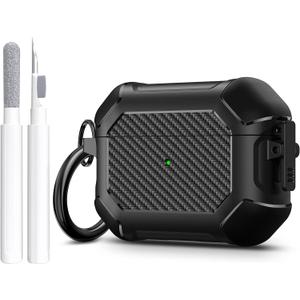 Maxjoy for AirPods Pro Case, Carbon Fiber Secure Lock Clip Full Body Shockproof Hard Shell Protective Case Cover with Keychain for Apple AirPod Pro (2019), Black