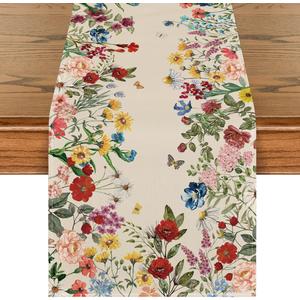 Artoid Mode Plants Floral Butterfly Valentine's Day Table Runner, Anniversary Wedding Kitchen Dining Table Decoration for Home Party Decor 13x72 Inch (Beige)