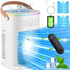 BALKO Small Air Conditioner, 5400mAh Built-in Battery Evaporative Air Cooler, 2 Ice Packs, 7H Timer Smart Auto-Off &Remote, 7 Lights, 1200ML Water Tank, 2-Level Mists, 3-Speed Personal Air Conditioner