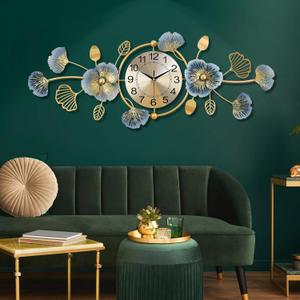 Lafocuse Silent Modern Large Wall Clock for Living Room, Mid Century Decorative Wall Clocks for Home Kitchen, Metal Ginkgo Leaf, 37x14 Inch