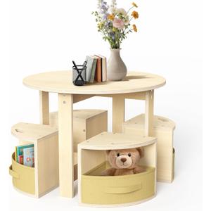 bbgroundgrm Table and Chair Set with 4 Storage Stools, Round Shaped Nesting Design, Activity Table for Play/Art/Reading/Craft, Natural