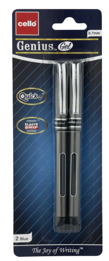 Cello Premium Medium Point Pens with Comfort Grip Control (Genius Blue Ink Gel 2 Pack)