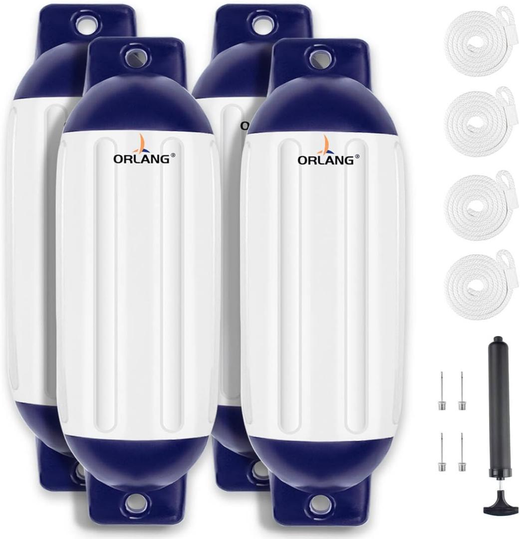 ORLANG 4.5in/5.5in/6.5in/8.5in/10in Boat Fenders, Boat Bumpers for Docking 4 Pack, Inflatable Ribbed Twin Eyes Vinyl Boat Bumpers Fenders with Air Pump,Ropes,Needles, 8.5 x 27 inch