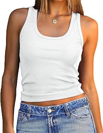 Dwnval Women's Sexy Sleeveless Scoop Neck Tank Tops Summer Slim Fitted Ribbed Knitted Full Length Top