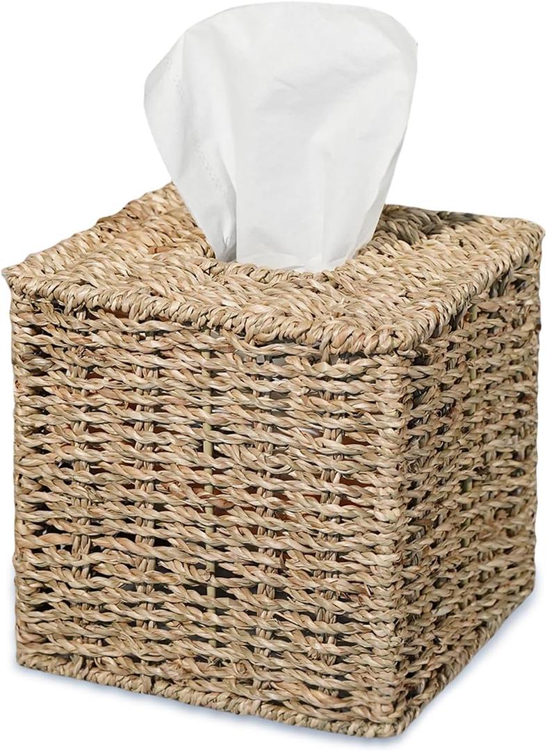PINXIURY Seagrass Handwoven Wicker Tissue Box Cover, Natural Handmade Napkin Box Holder, Handcrafted Square Facial Tissue Holder for Bathroom, Rustic Decorative on Table and Bathroom,Boho Decorative (Single)