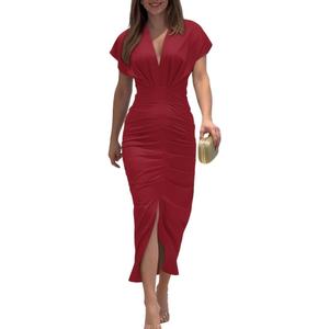 CHICME Summer Dresses for Women Floral Print Plunge V Neck Midi Dress Casual Ruched Slit Bodycon Party Dress (X-Large, Red)