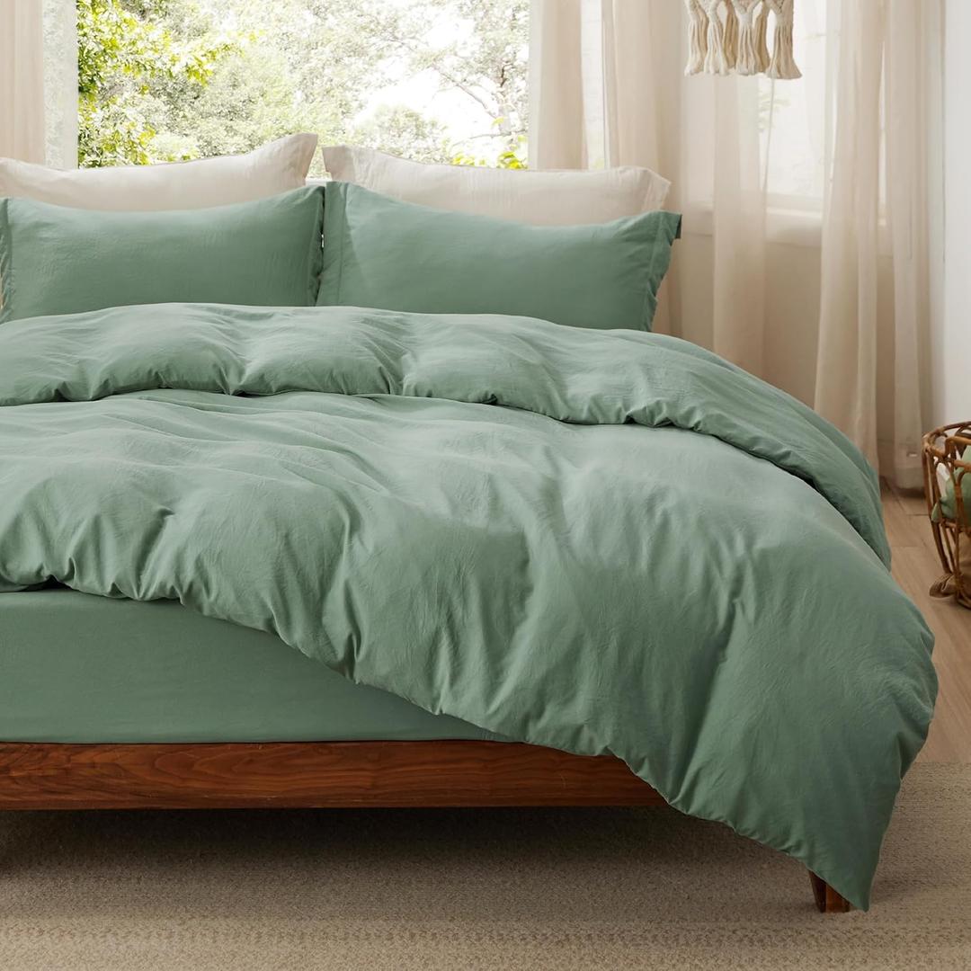 Bedsure Duvet Cover Queen Size with Fitted Sheet - 4 Pieces Prewashed Cotton-Like Polyester Extra Soft Bedding Set, Includes 1 Duvet Cover 90x90 Inches, 2 Pillow Shams, 1 Fitted Sheet, Sage Green