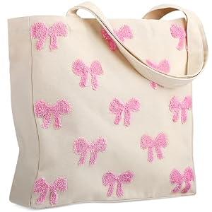 Shinylin Pink Bow Embroidery Tote Bag for Women Reusable Aesthetic Canvas Floral Shoulder Bag for Work Shopping Grocery Gift