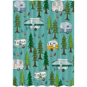JAWO Camper RV Shower Curtain for Travel Trailer Bathroom, Farmhouse Camping Shower Curtain, Camping Tent with Trees Fabric Shower Curtains Set, Happy Camp Outdoor Decor with Hooks 47X64 (Blue)