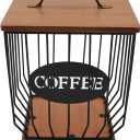 Square Coffee Pods Holder with Wooden Lid and Base,Large Capacity Wire Coffee Pods Storage Basket for Home Cafe Bar Countertop Decor(Black)