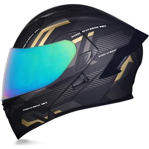 Full Face Flip Up Motorcycle Modular Helmet Integrated Motorbike Dual Visor for Adults Men Women Moped Street Racing DOT Approved (Medium, Count Black Gold - Multicolor Visor)