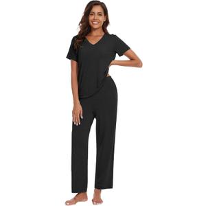 WiWi Bamboo Viscose Pajamas for Women Super Soft Short Sleeve Pajama Set with Pants Cooling Pjs Lightweight Loungewear XXL (B-charcoal Heather)