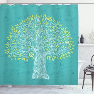 Ambesonne Tree of Life Shower Curtain, Doodle Tree Illustration Oriental Harmonious Design Mother Nature, Cloth Fabric Bathroom Decor Set with Hooks, 69" W x 70" L, Blue and Yellow Green