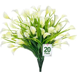 TURNMEON 20 Bundles Calla Lily (500 Heads) Artificial Flowers for Outdoors, Fake Plants UV Resistant Faux Plastic Fake Flowers for Indoor Planter Home Porch Yard Spring Summer Cemetery Decor(White)