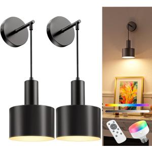 NIORSUN Battery Operated Wall Sconce Set of 2, Black Wireless Rechargeable Wall Lights with 5200mAh Dimmable Detachable Bulbs and Remote, 9 Colors Sconces Wall Decor for Bedroom Living Room Hallway