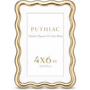 4x6 Wavy Picture Frame, Zinc Alloy Gold Frame, Tempered Glass | Decorative wave profile with included 3x5 mat, ideal for wedding photos, anniversaries, portraits, and elegant home dcor
