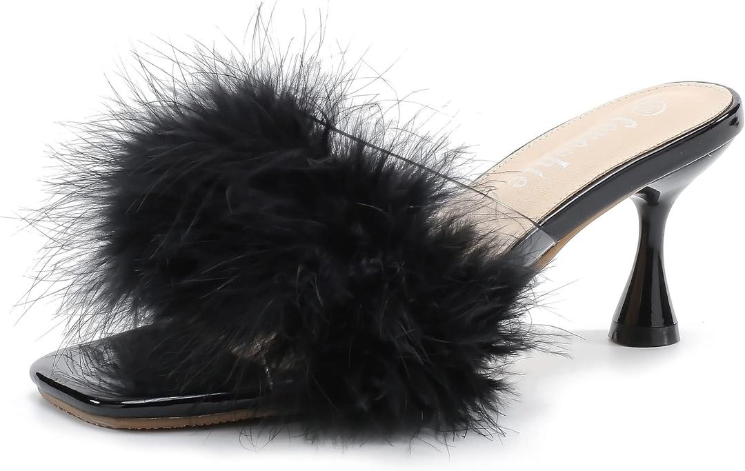 fereshte Women's Feather Mule Sandals, Kitten Heel, Square Open Toe, Slip On, Fluffy Fur Clear Strap Black 36 - insole length: 23cm/ 9.06 inch - US 5.5