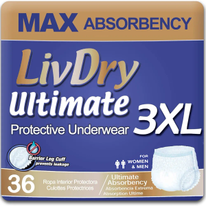 LivDry Ultimate 3XL Adult Incontinence Underwear, Max Absorbant Diapers for Women and Men, XXXL 72” -92" Waist, Leak Proof Cuff, XXX-Large, 36 Count
