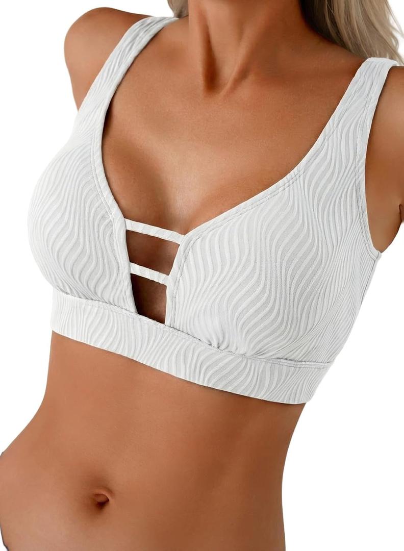 Herseas Push Up Bikini Top Women Textured Sexy Swim Suit Tops Scoop Neck Swimsuit Top Fashion Bathing Suit Tops (White, XXL)