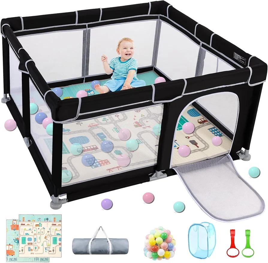 Baby Playpen with Mat, Durable and Secure Baby Play Pen, 50”×50” Playpen Kids Activity Play Center, Equipped with Anti-Slip Suckers and a Zipper Gate（Black）