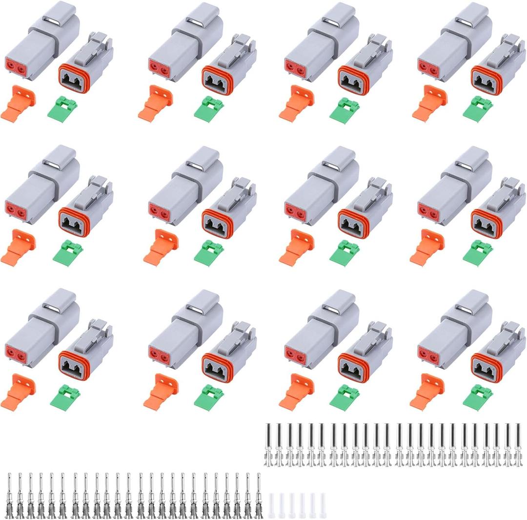 102PCS 2 Pin Way Deutsch DT Gray Connector 12 SetSize 16 Solid Contacts Waterproof Electrical Wire Connector with Seal Plug for Truck, Off-Road Vehicles, Marine, Motorcycle Wiring