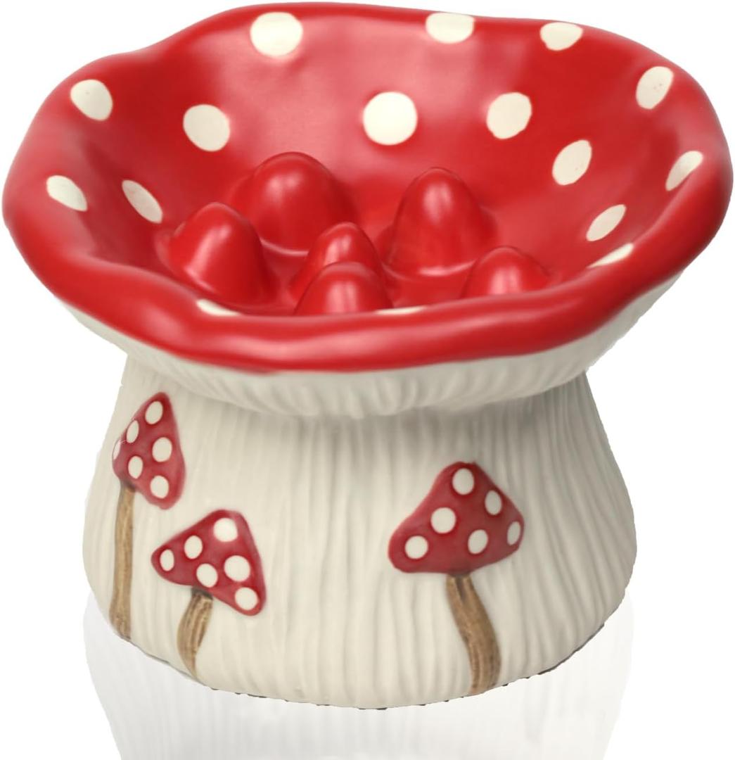 Ceramic Cat Slow Feeder, Cute Mushroom Shape Elevated Food Bowl, Shallow Raised Cat Dish, Anti Vomiting Whisker Fatigue Bowls