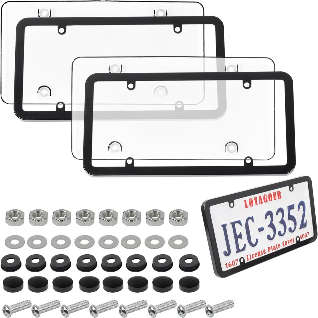 2Pack Transparent License Plate Cover and Frames,Clear Front and Rear License Plate Holder,Unbreakable Car Licence Plate Frame Protector fits Any US Plates with Screws & Caps (Black Frame)