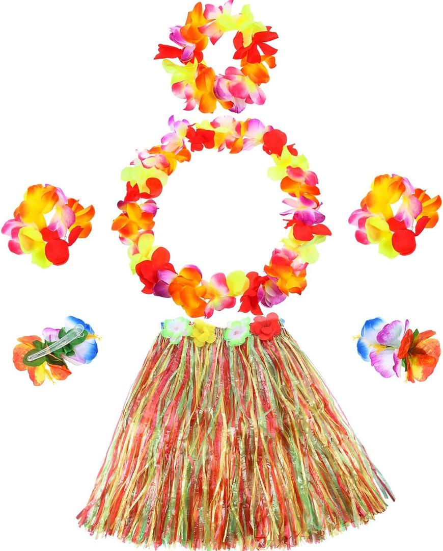 Gejoy 7 Pcs Hawaiian Luau Hula Grass Skirt with Flower Costume Set Flower Bracelet Headband Necklace Hibiscus Hair Clip Women (Red Yellow Green)