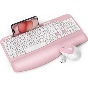 Wireless Keyboard and Mouse Combo, Wave Keys Full-Sized Ergonomic Keyboard with Cushioned Plam Rest, Phone Holder, Comfortable Natural Typing, 2.4G Cordless Set for Computer, Laptop, Pc, Mac, Windows