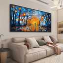 QZQCBLC Blue Wall Art Bedroom, Abstract Night Scene Street Lights Large Wall Pictures Orange Halo Trees Landscape Framed Canvas Paintings Artwork for Living room kitchen Home Office Decor 24x48 IN