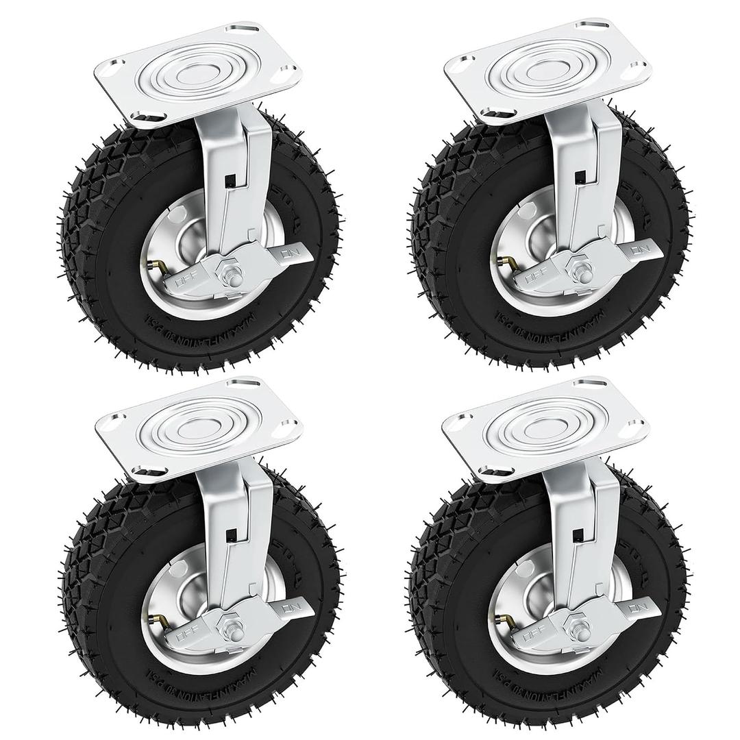 10 Inch Pneumatic Caster Wheels with Brake, 1200 lbs Capacity，Set of 4 Swivel Wheels for carts Heavy Duty， Rubber Wheels for Workbench, Trolley and Wagon，mounting Hardware Included