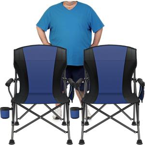 2 Pack Oversized Folding Camping Chair for Adults, Supports 450 LBS Camping Chairs, Heavy Duty Camping Chair with Side Pockets, Foldable Outdoor Chair for Camping, Beach, Fishing, Hiking, Blue-Black