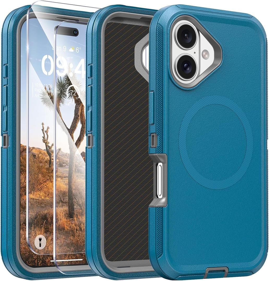 Compatible with iPhone 16 Case with Screen Protector, Anti-Scratch & Non-Slip, Compatible with MagSafe, 3-Layer Drop Protection, Heavy Duty Magnetic Phone Case Cover, 6.1", Blue/Gray