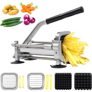 French fry cutter with two blades (1/2 inch and 3/8 inch), commercial stainless steel French fry slicer, suitable for whole potatoes, carrots, and cucumbers,fries cutter,potato slicer