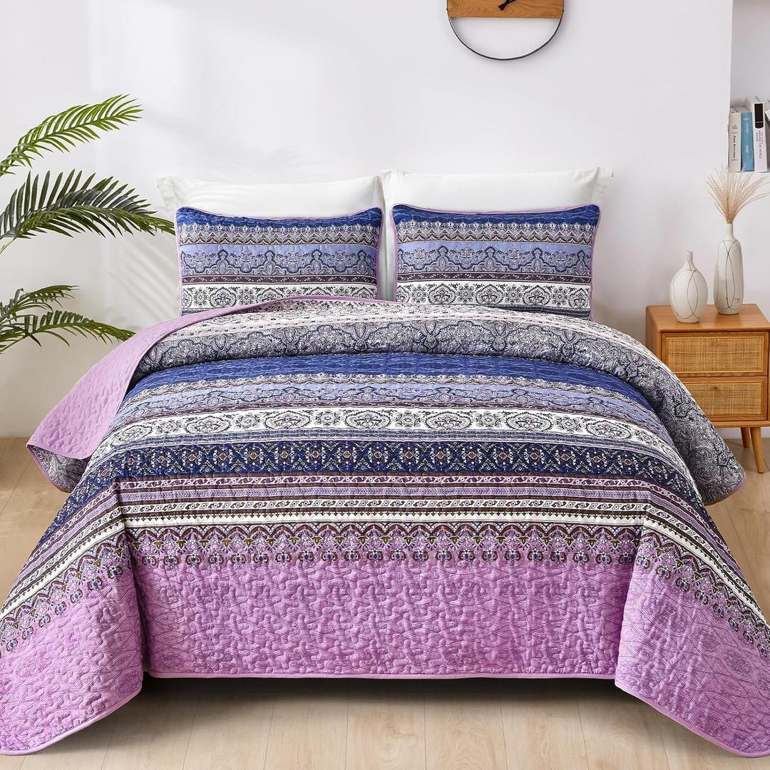 WONGS BEDDING Boho King Quilt Set, Purple Bohemian Quilt Bedding Set, Lightweight Bed Decor Bedspread for All Season Reversible Microfiber Coverlet Bedding Set 110"x90"(3 Pieces)
