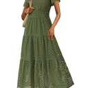 Zesica Womens 2025 Summer Maxi Dress Short Sleeve V Neck Hollow Out Eyelet A Line Long Flowy Beach Vacation Dresses (Army Green,Medium)