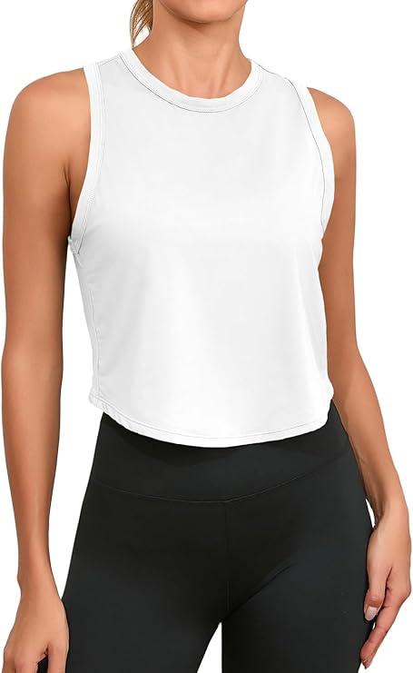isoew Womens Workout Cropped Tank Tops Racerback Sleeveless Crewneck Running Yoga Active Shirts White, Size: S
